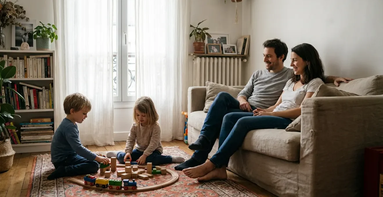 Famille française avec deux enfants dans un salon lumineux, moment de détente naturel