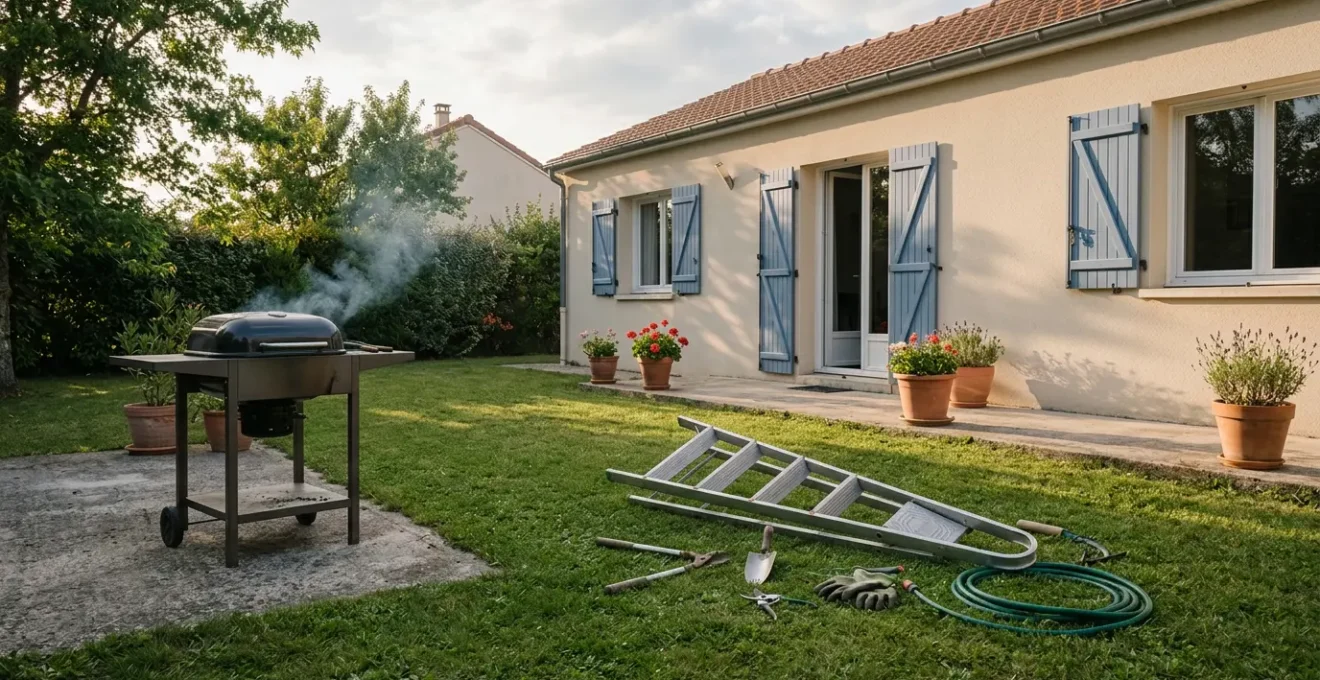 Accident domestique dans un jardin résidentiel français illustrant les risques du quotidien