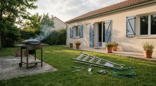Accident domestique dans un jardin résidentiel français illustrant les risques du quotidien