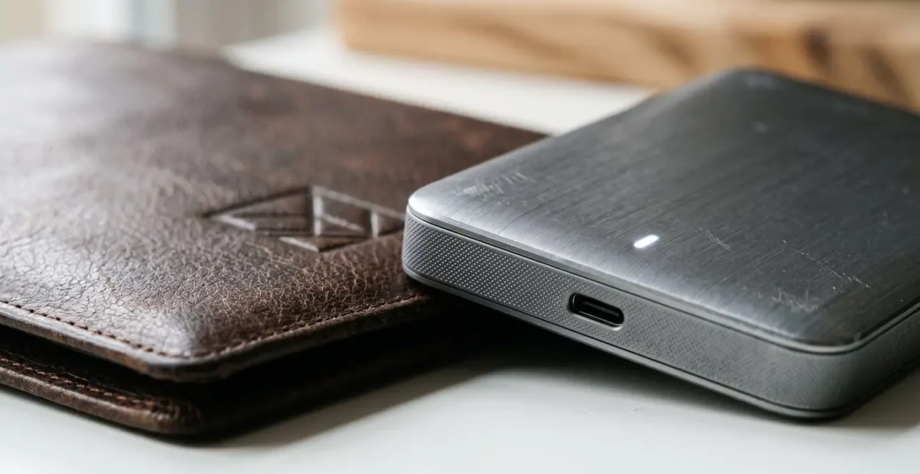 Détail macro d'un disque dur externe moderne avec des textures métalliques raffinées, symbolisant l'archivage numérique sécurisé
