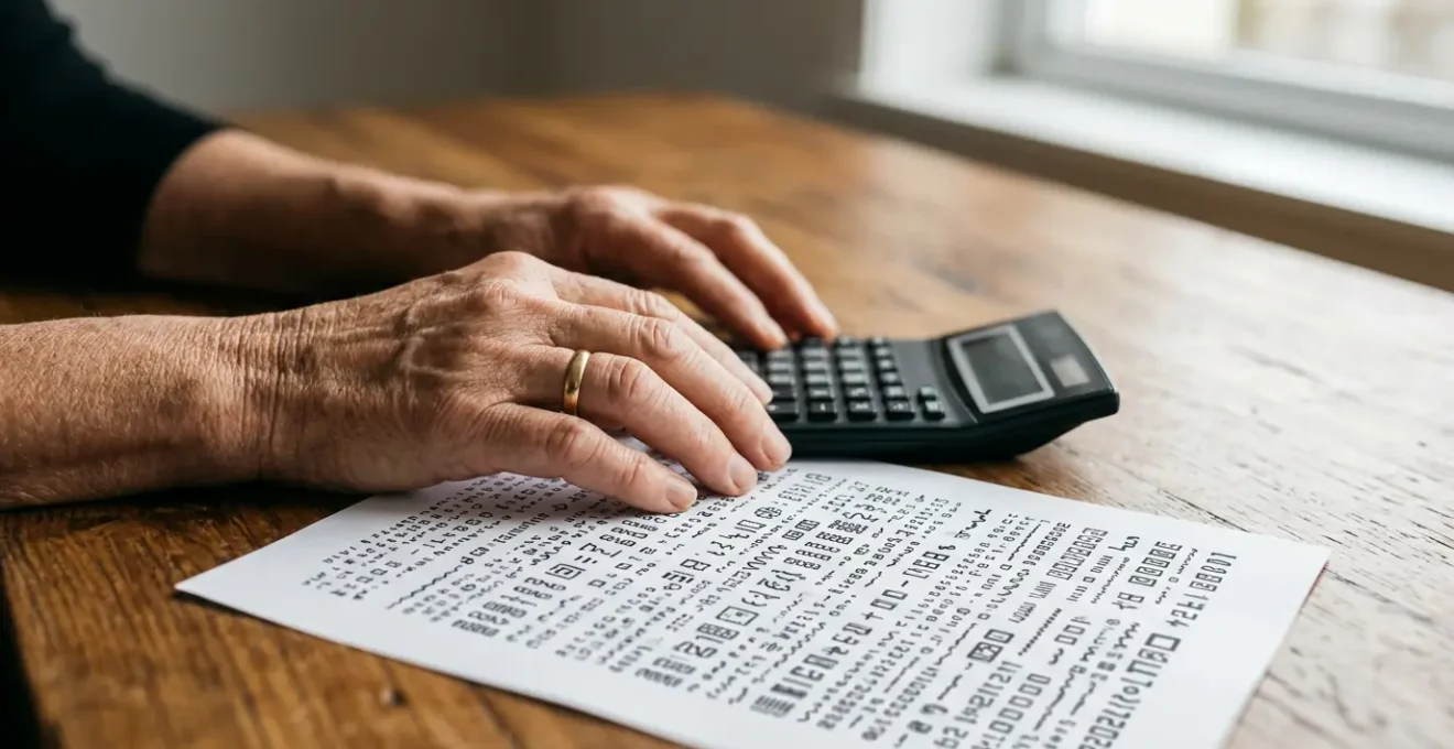 Personne calculant sa fiscalite avec documents financiers et calculatrice