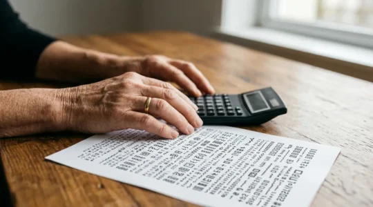Personne calculant sa fiscalite avec documents financiers et calculatrice