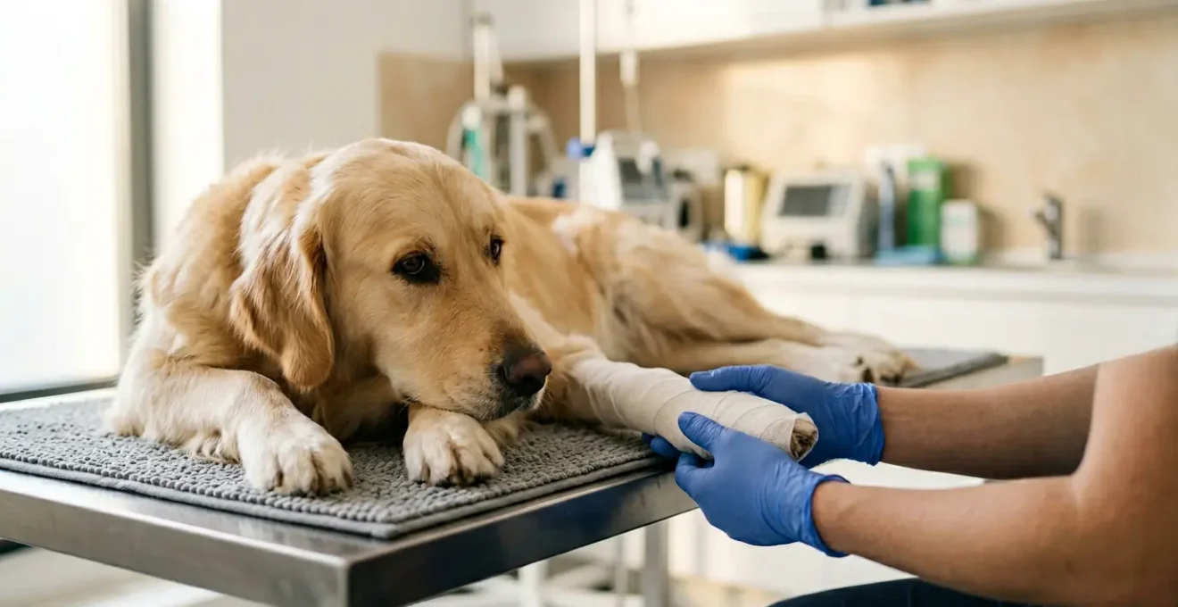 Chien de taille moyenne en phase de récupération post-opératoire dans un environnement vétérinaire moderne et bienveillant
