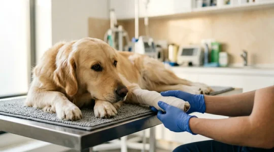 Chien de taille moyenne en phase de récupération post-opératoire dans un environnement vétérinaire moderne et bienveillant