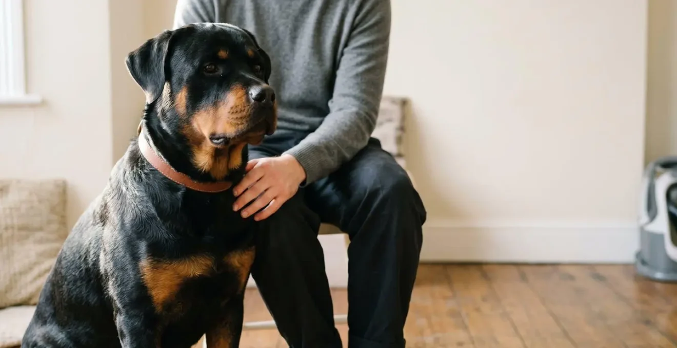 Chien de grande taille race garde assis calmement a cote de son maitre dans environnement domestique