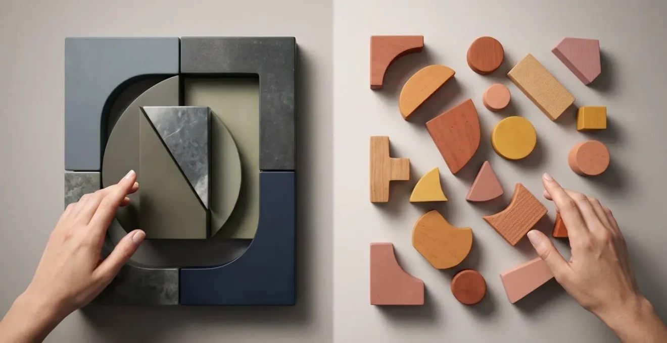 Representation visuelle symbolique comparant deux scenarios de franchise d'assurance avec des objets et des textures contrastees