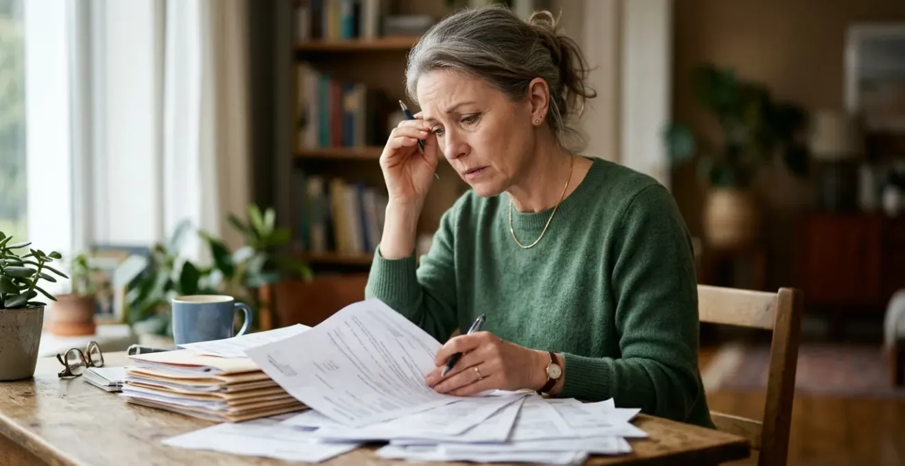 Personne anxieuse consultant des documents d'assurance automobile à son domicile