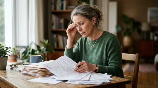 Personne anxieuse consultant des documents d'assurance automobile à son domicile