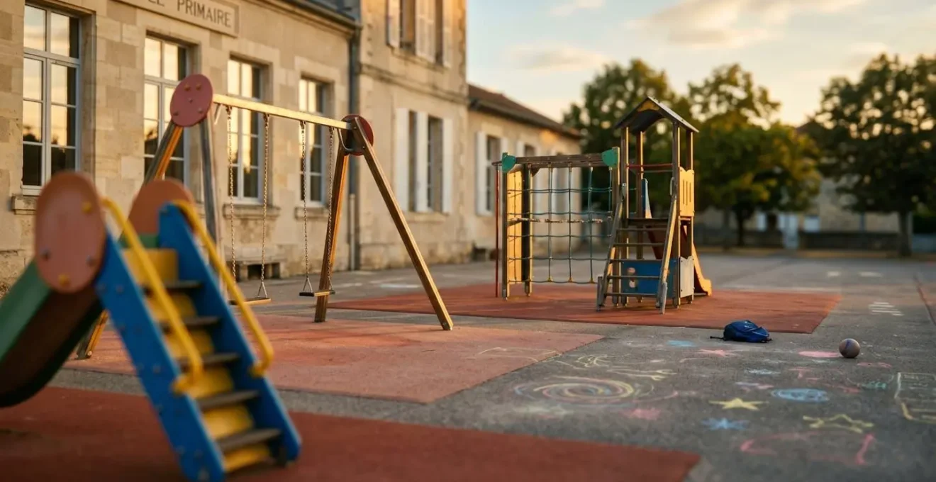 Scène de cour d'école vide évoquant la protection des enfants contre les accidents scolaires