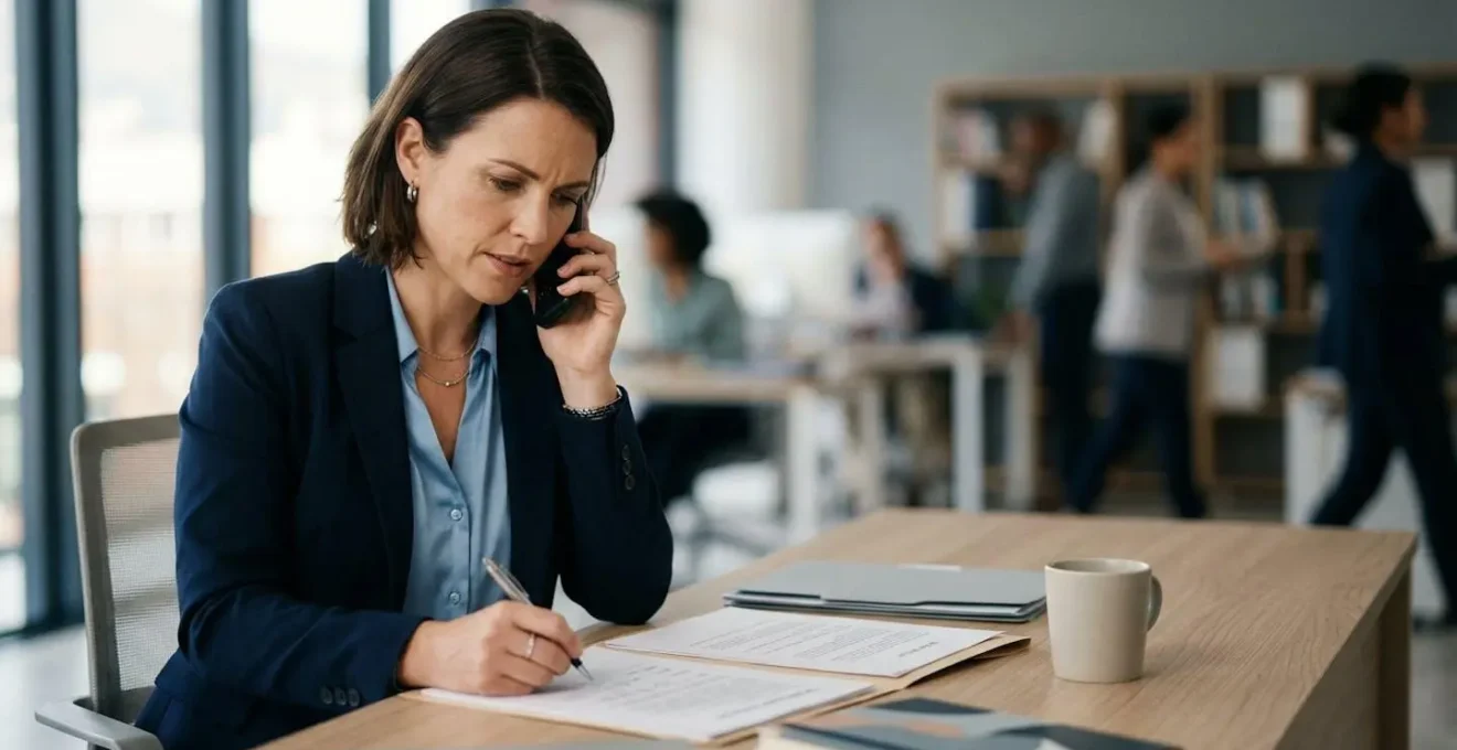 Professionnel de l'assurance analysant un dossier sinistre avec engagement et détermination