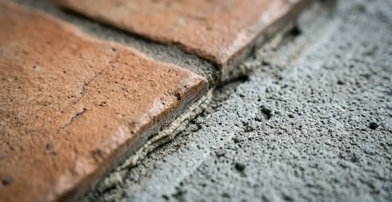 Détail macro d'une pose de carrelage montrant la jonction entre carreaux et support