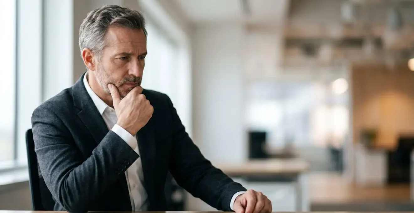 Portrait d'un dirigeant d'entreprise dans un moment de réflexion face à une décision importante