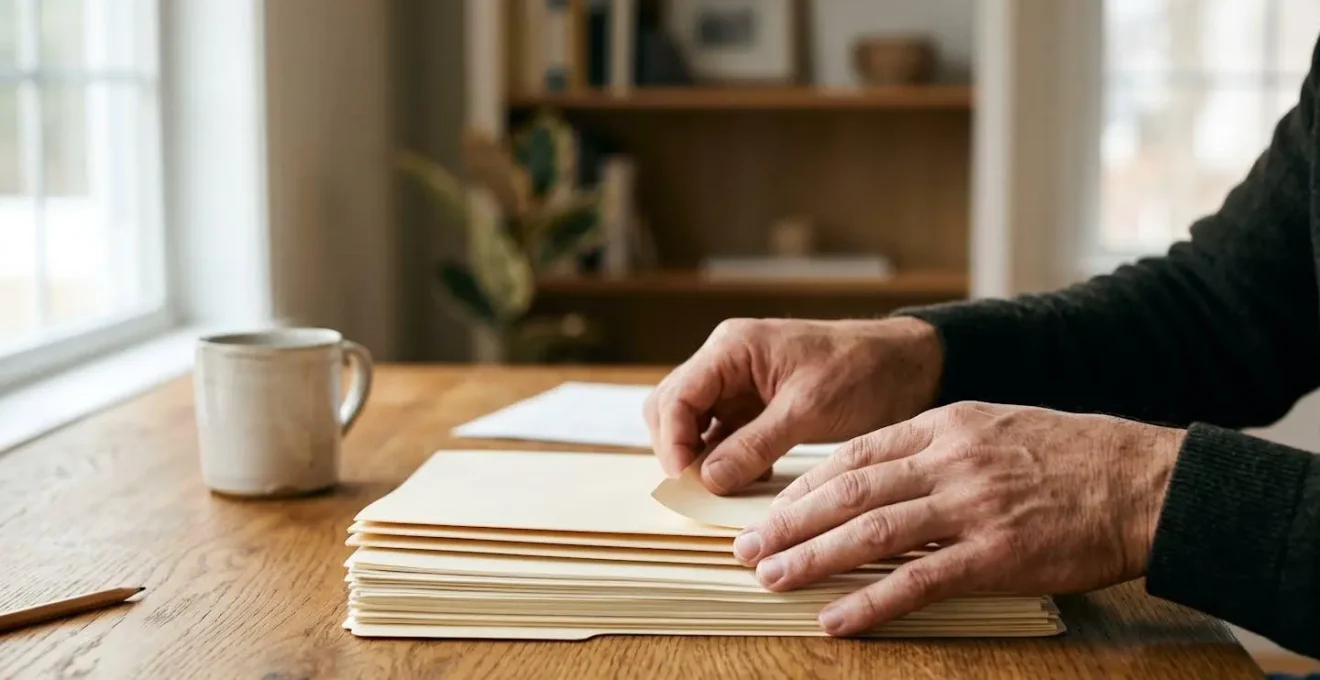 Composition minimaliste évoquant la préparation méticuleuse d'un dossier pour reconquérir une assurance classique