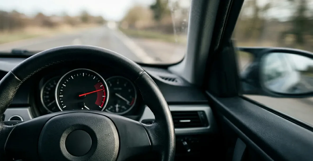 Perspective dramatique sur le tableau de bord d'un véhicule illustrant le risque lié à l'excès de vitesse