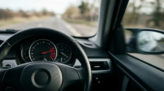 Perspective dramatique sur le tableau de bord d'un véhicule illustrant le risque lié à l'excès de vitesse