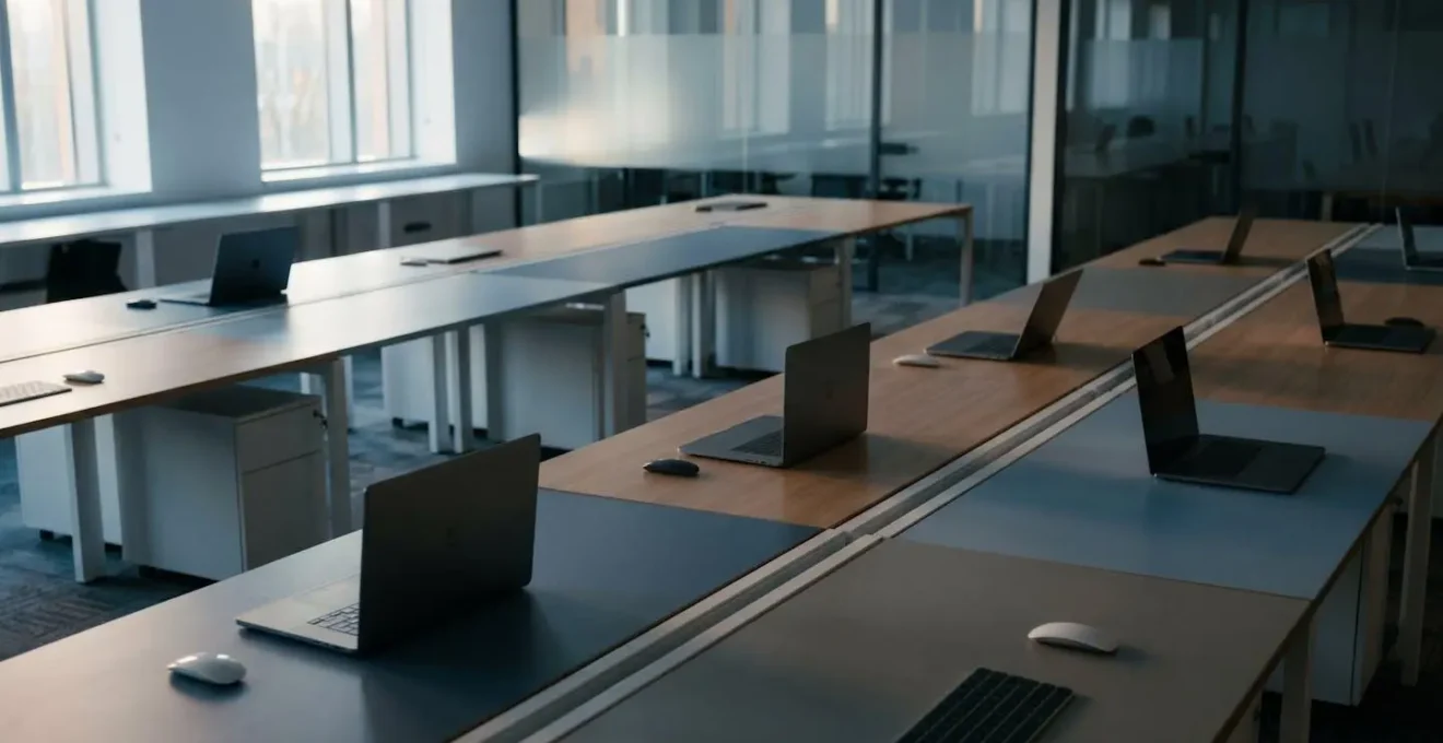 Espace de travail moderne avec équipements informatiques illustrant les risques de vol en entreprise