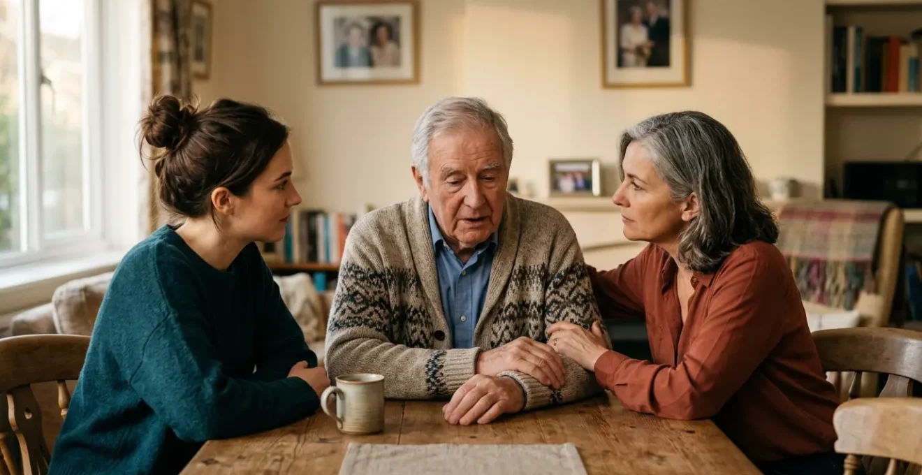 Scène familiale représentant les générations face aux choix de financement de la dépendance et transmission du patrimoine immobilier