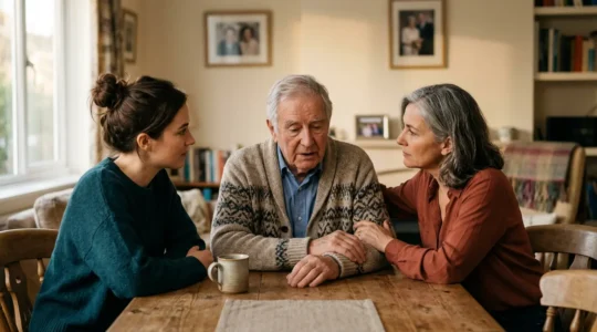 Scène familiale représentant les générations face aux choix de financement de la dépendance et transmission du patrimoine immobilier