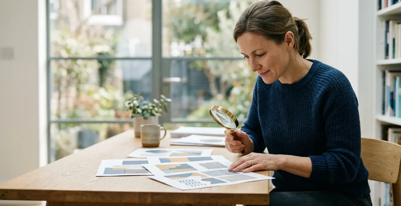 Personne analysant attentivement un document de garanties d'assurance avec une loupe, dans un environnement epure et lumineux