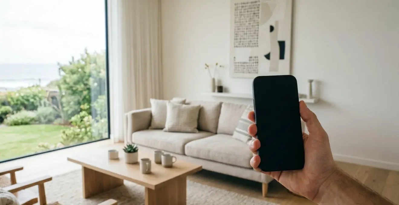 Main tenant smartphone photographiant interieur de logement location vacances pour preuve etat