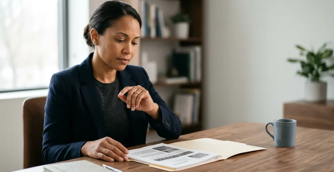 Professionnel indépendant étudiant un dossier d'assurance pour médiation amiable entre assuré et compagnie