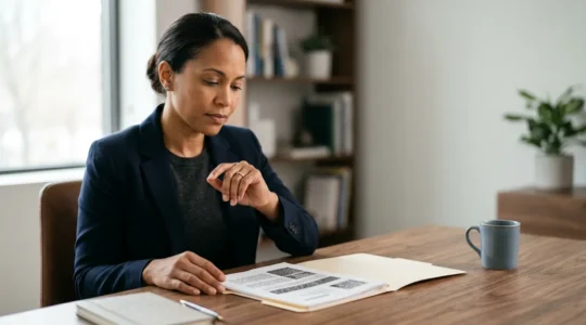 Professionnel indépendant étudiant un dossier d'assurance pour médiation amiable entre assuré et compagnie