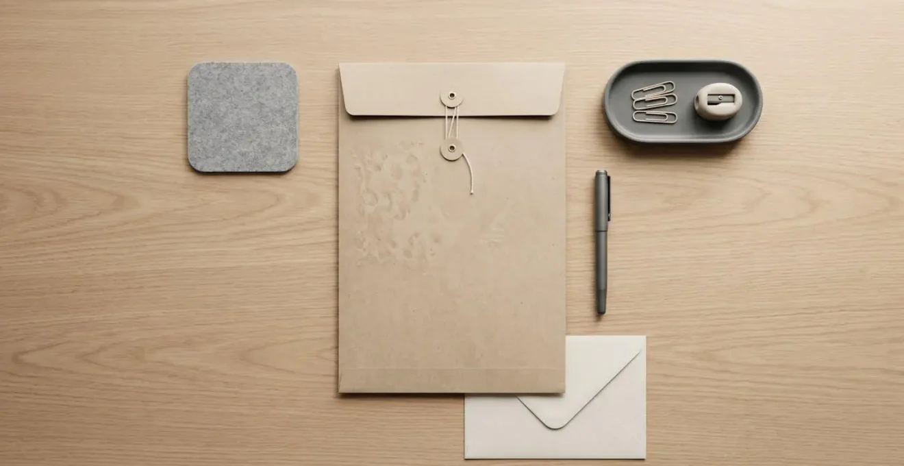 Vue d'ensemble minimaliste d'un espace de travail organise pour une demarche administrative structuree