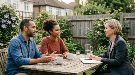 Scene illustrant la resolution amiable d'un conflit entre voisins avec accompagnement juridique professionnel