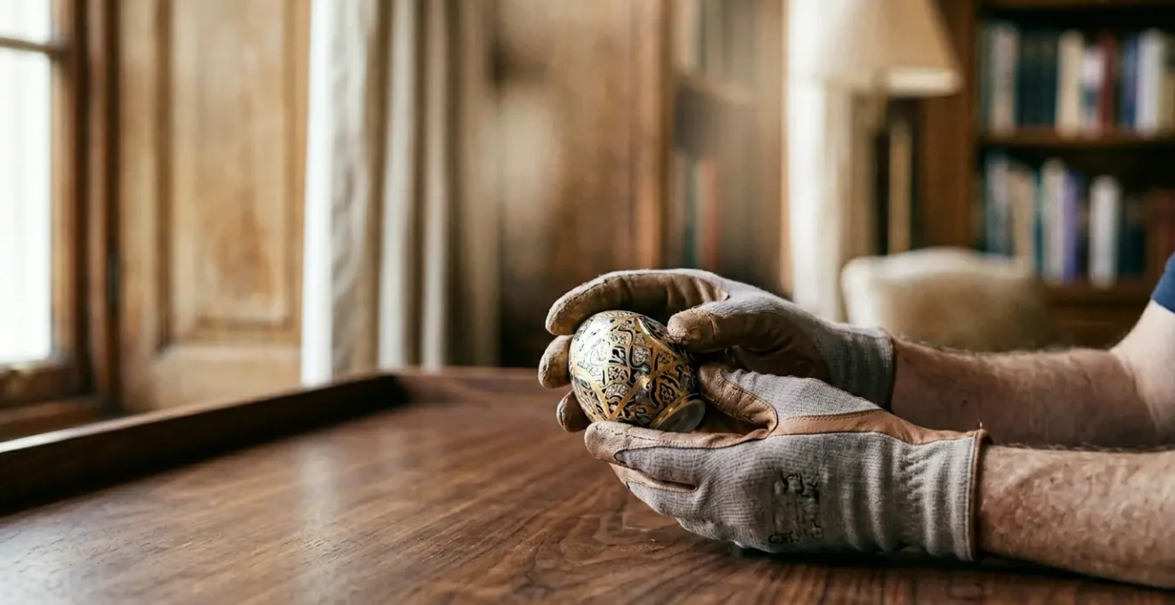 Main d'un professionnel manipulant délicatement un objet fragile de valeur dans un environnement d'intervention chez un client