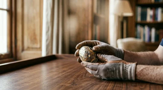 Main d'un professionnel manipulant délicatement un objet fragile de valeur dans un environnement d'intervention chez un client