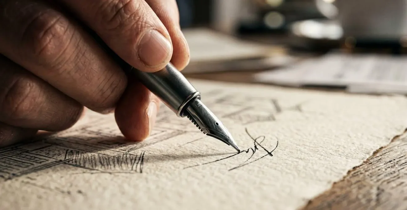 Mains signant un document immobilier sur un bureau avec stylo