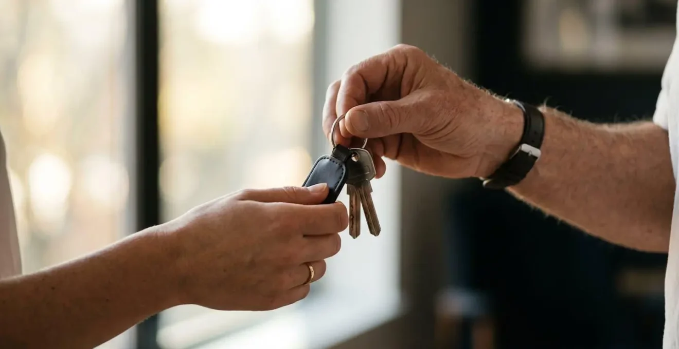 Gros plan sur des mains échangeant des clés de voiture symbolisant le transfert de responsabilité de conducteur principal