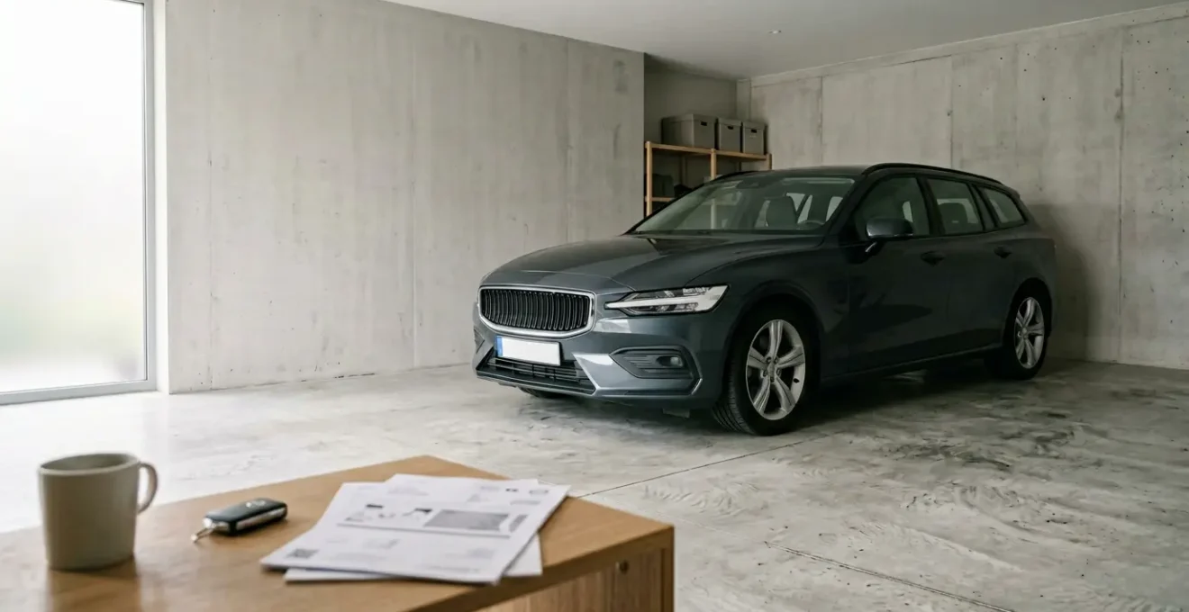 Voiture stationnée dans un garage privé avec clés sur une table, représentant l'assurance auto pendant une suspension de permis