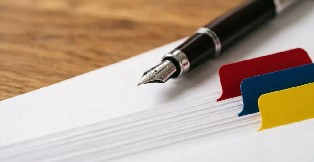 Dossier de médiation méticuleusement préparé avec documents organisés et marqueurs de couleur Dossier de médiation méticuleusement préparé avec documents organisés et marqueurs de couleur